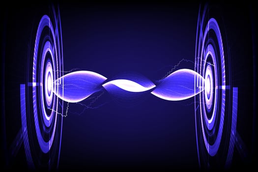 Sci-fi graphic showing an energy connection or energy wave between two high-tech devices in electric blue and purple tones. Featuring a modern glowing ring pattern and electric energy lines. vector