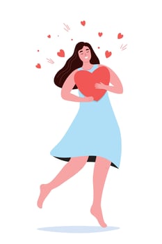 PHappy woman dancing in full height, holding a heart in her hands. Concept of love, self-acceptance, harmony with oneself. flat graphics. vector