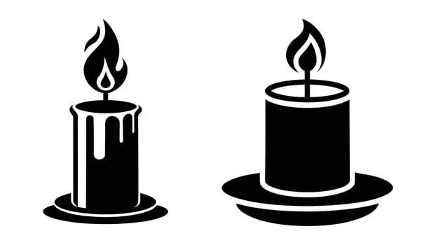 Two burning candle black silhouette on white background, set of burning candles vector