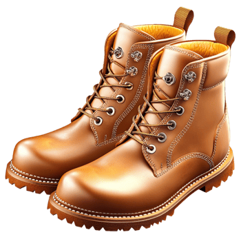 Pair of brown leather boots tightly tied laces resting on a wooden floor natural light accentuating the smooth texture of the leather. png