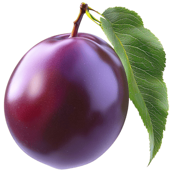 Purple plum glossy finish, dark skin, green leaf attached, and sweet, juicy flesh ideal for a healthy snack png