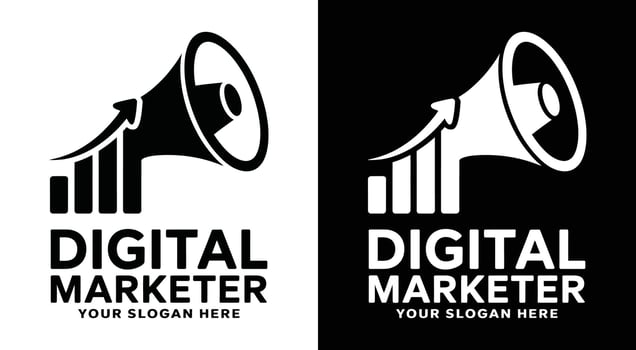 Digital Marketer Logo Bold Black Megaphone Graph for Audience Reach vector