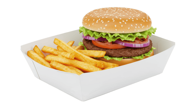 A burger with lettuce tomato and onion next to french fries in a white cardboard container tray png