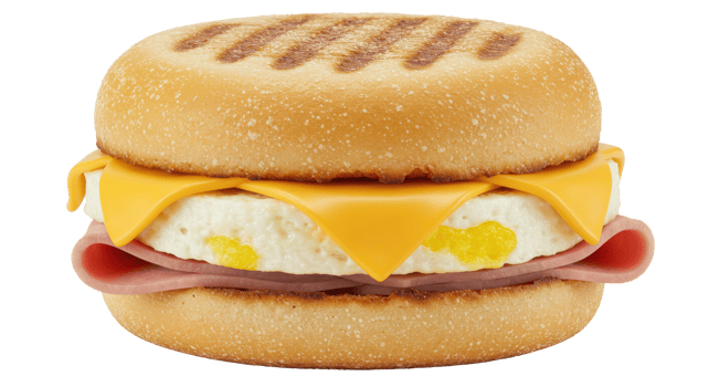 A close up shot of a breakfast sandwich with egg cheese and ham on a toasted english muffin png
