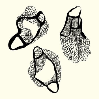 Black and White Net Bag Sketch - Hand-Drawn Eco Shopping Tote Illustration vector