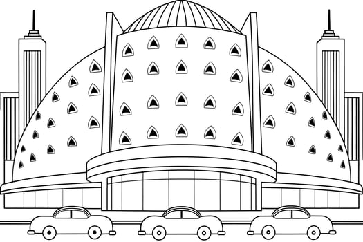 Stylish black and white illustration of a futuristic building in a city scene. vector