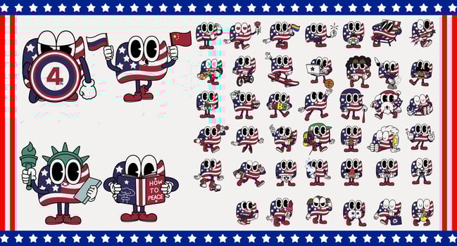 Patriotic American Flag USA 4th of July whimsical fun retro cartoon character mascot illustration vector