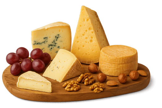 Assorted Artisanal Cheeses and Accompaniments on Wooden Board png