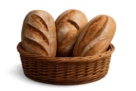 Fresh Handmade Breads in a Rustic Basket on a Simple Background png