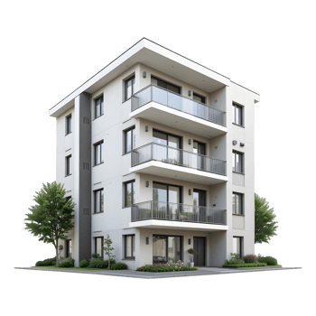 Modern apartment building with glass balconies and white facade png