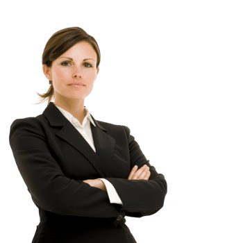 A confident woman in black suit stands with arms crossed, exuding professionalism and determination. Her expression is serious, and she appears ready to tackle any challenge in business environment png