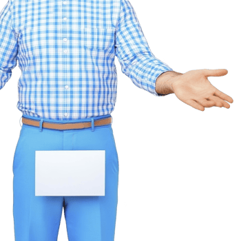 A man in blue checkered shirt and blue pants holds blank white sign, gesturing with open arms. image conveys welcoming or inviting expression, suitable for presentations or advertisements png