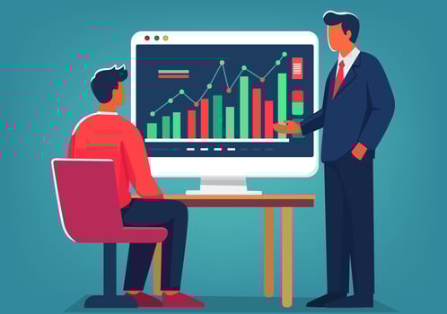 Businessman introduces clients and analyzes data or presents business graphs. vector