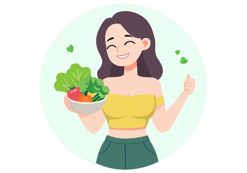 A woman holding a bowl of vegetables, she is on a diet to be healthy. vector