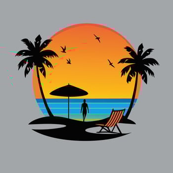 Palm tree and surfer silhouette beach sunset. vector