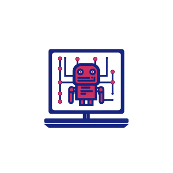 stylized illustration of robot on computer screen, symbolizing artificial intelligence and technology. design features red robot with circuit like elements, conveying futuristic theme png