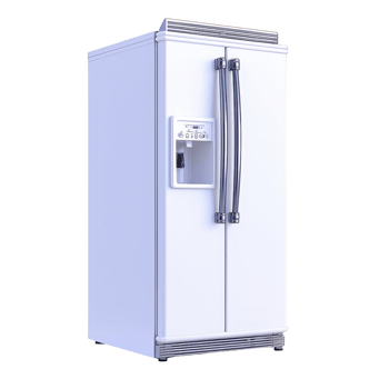 modern white refrigerator with sleek design and built in water dispenser, perfect for contemporary kitchens. appliance features double doors and stainless steel handles png