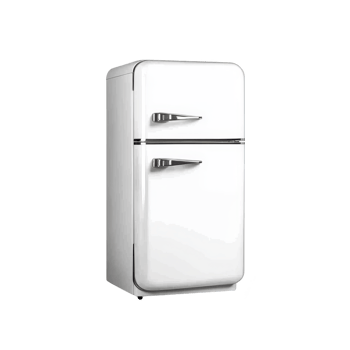 retro style white refrigerator with chrome handles, featuring top freezer compartment. design evokes vintage aesthetic, combining functionality with nostalgic charm png