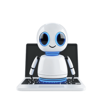 cute, futuristic robot with blue accents sits on laptop keyboard, showcasing technology and innovation. robot friendly design suggests artificial intelligence and digital interaction png
