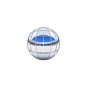 reflective glass sphere with grid pattern showcases modern architectural design, capturing blue sky and building reflections. sphere sleek surface and geometric lines create futuristic feel png