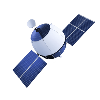 satellite with blue solar panels and white spherical body is depicted, showcasing its technology and design for space exploration png