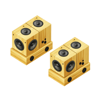 Wooden speakers with modern design, featuring multiple drivers and natural finish, are arranged in pair. speakers have sleek, rectangular shape and are ideal for enhancing audio experiences png