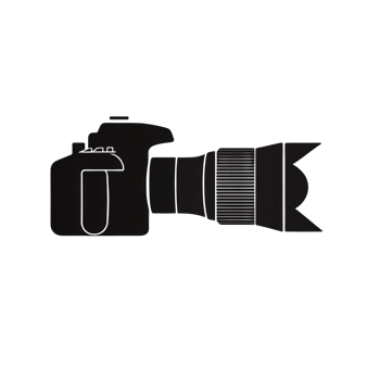 silhouette of DSLR camera with large lens is depicted, showcasing its distinct shape and features. image highlights camera body, grip, and extended lens, emphasizing its professional design png