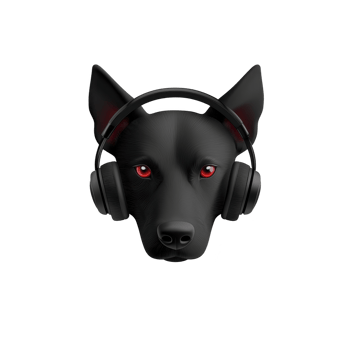 stylized black wolf with red eyes wears headphones, creating modern and edgy design. illustration combines elements of wildlife and technology, evoking sense of mystery and intrigue png