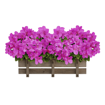 A wooden planter box filled with vibrant pink flowers, showcasing lush green leaves, creates lively and colorful display. arrangement is perfect for adding touch of nature to any space png