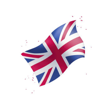 An image shows waving United Kingdom flag with glossy finish, featuring iconic red, white, and blue colors. flag is isolated on transparency background, emphasizing its vibrant design png