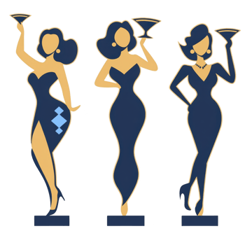 A Three stylized silhouettes of women elegant dresses holding martini glasses, showcasing retro and glamorous vibe. figures are depicted minimalist, artistic style with bold outlines and simple png