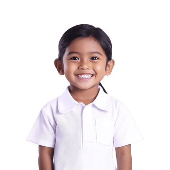 A young child with bright smile wearing white shirt stands against plain background, exuding joy and innocence png