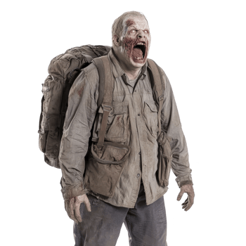 A terrifying zombie with backpack and tattered clothing roars menacingly, showcasing post apocalyptic survivor turned undead png