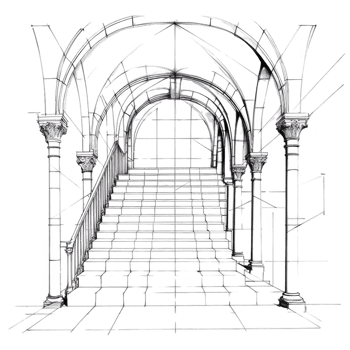 A detailed sketch of grand staircase with arched ceilings and ornate columns, showcasing intricate architectural design. perspective draws viewer eye upward, emphasizing elegance and grandeur of png
