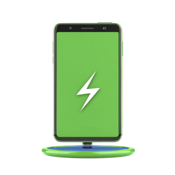 A smartphone with green screen displaying white lightning bolt icon, indicating wireless charging on charging pad png