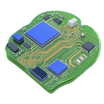 green circuit board with intricate gold pathways and blue microchips showcases advanced electronic components. design highlights modern technology and innovation in electronics png