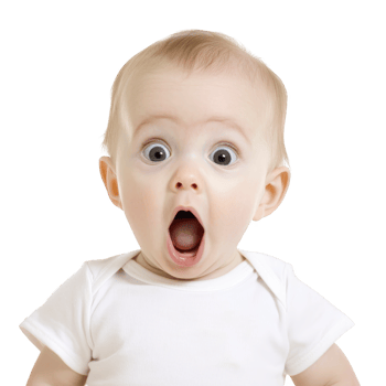 A surprised baby with wide eyes and open mouth wearing white shirt against plain background. expression is one of shock or amazement, capturing candid and adorable moment png