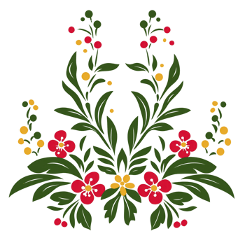 A vibrant floral design featuring red and yellow flowers with green leaves, arranged symmetrically. illustration showcases decorative and colorful pattern, ideal for artistic and design purposes png