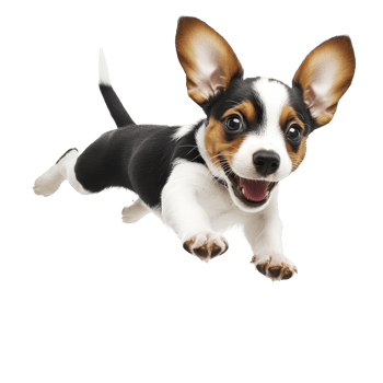A playful puppy with large ears and joyful expression leaps forward, showcasing its energy and excitement. black and white fur adds to its adorable appearance png