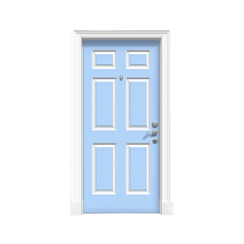 A light blue door with white trim and classic design, featuring peephole and modern handle, stands against plain background. door elegant style and soft color create welcoming appearance png