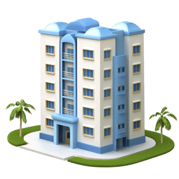 A modern, blue and white apartment building with palm trees and tiled walkway, showcasing clean and contemporary architectural design png