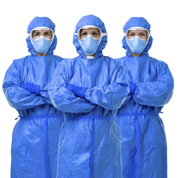 A Three healthcare professionals in full protective gear, including blue gowns, masks, and goggles, stand confidently with arms crossed, symbolizing strength and safety in medical environments png