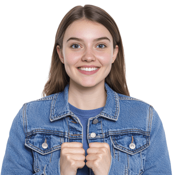 A young woman with joyful expression, wearing denim jacket, stands against plain background. Her hands are clasped near her chest, conveying excitement and happiness png