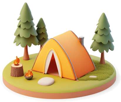 Orange camping tent nestled in a grassy forest scene. png