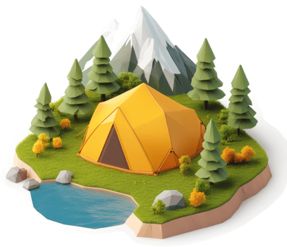Colorful camping scene on a miniature island. png