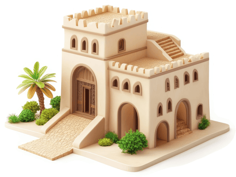 Beige, two-story, desert-style house with architectural details. png