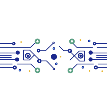 digital circuit design with interconnected lines and nodes in blue, green, and yellow, representing technology and connectivity. symmetrical pattern evokes sense of balance and innovation png