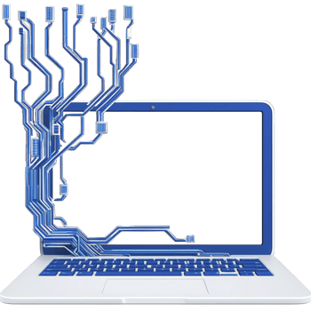 laptop with digital circuit tree emerging from screen symbolizes technology and innovation. blue circuitry represents connectivity and integration of digital networks png