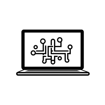 sketch of laptop with circuit design on screen symbolizes technology and innovation. simple black and white illustration conveys sense of modernity and digital connectivity png
