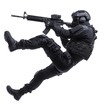 tactical soldier in full gear is dynamically posed, aiming rifle while suspended in mid air. soldier wears helmet and protective vest, conveying action and intensity png